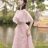 Pink tulle long A line prom dress pink evening dress - Thumbnail 5