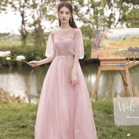Pink tulle long A line prom dress pink evening dress - Thumbnail 6