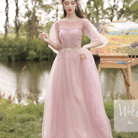 Pink tulle long A line prom dress pink evening dress - Thumbnail 7