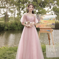 Pink tulle long A line prom dress pink evening dress - Thumbnail 8