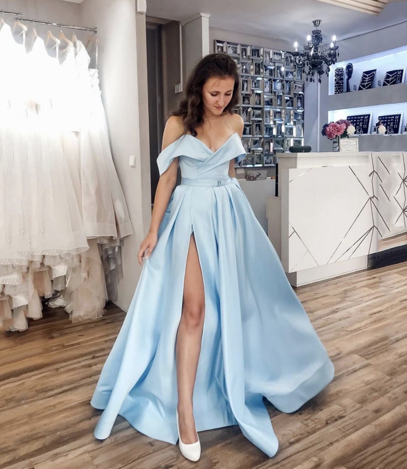 Blue satin long A line prom dress blue evening dress