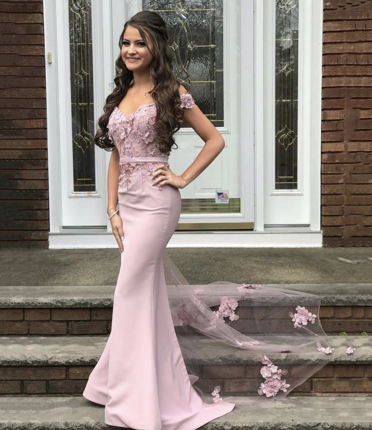 Mermaid lace long prom dress pink evening dress