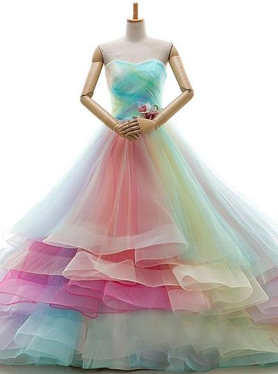 A-Line Sweetheart Court Train Gradient Multi Color Wedding Dress with Ruffles,1125