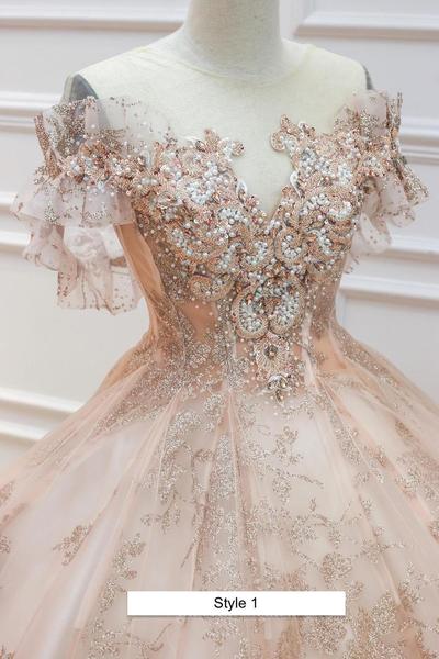 Rose gold or pink beaded bodice cap sleeves sparkle ball gown wedding dress with short train & glitter tulle,1130