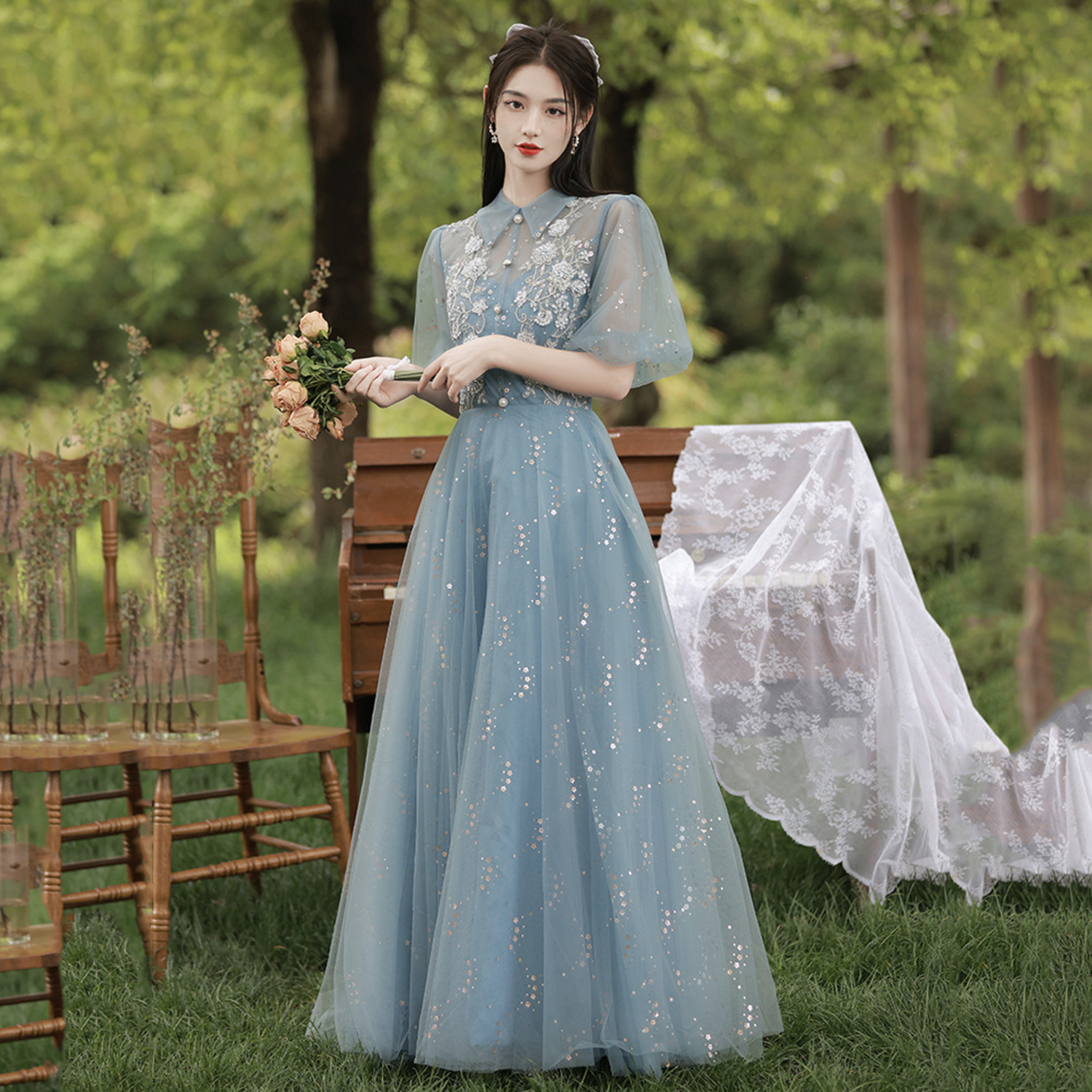 Blue tulle lace long prom dress evening dress