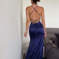 Sexy Mermaid Halter Cross Back Elastic Satin Long Prom Evening Dresses with Slit - Thumbnail 2