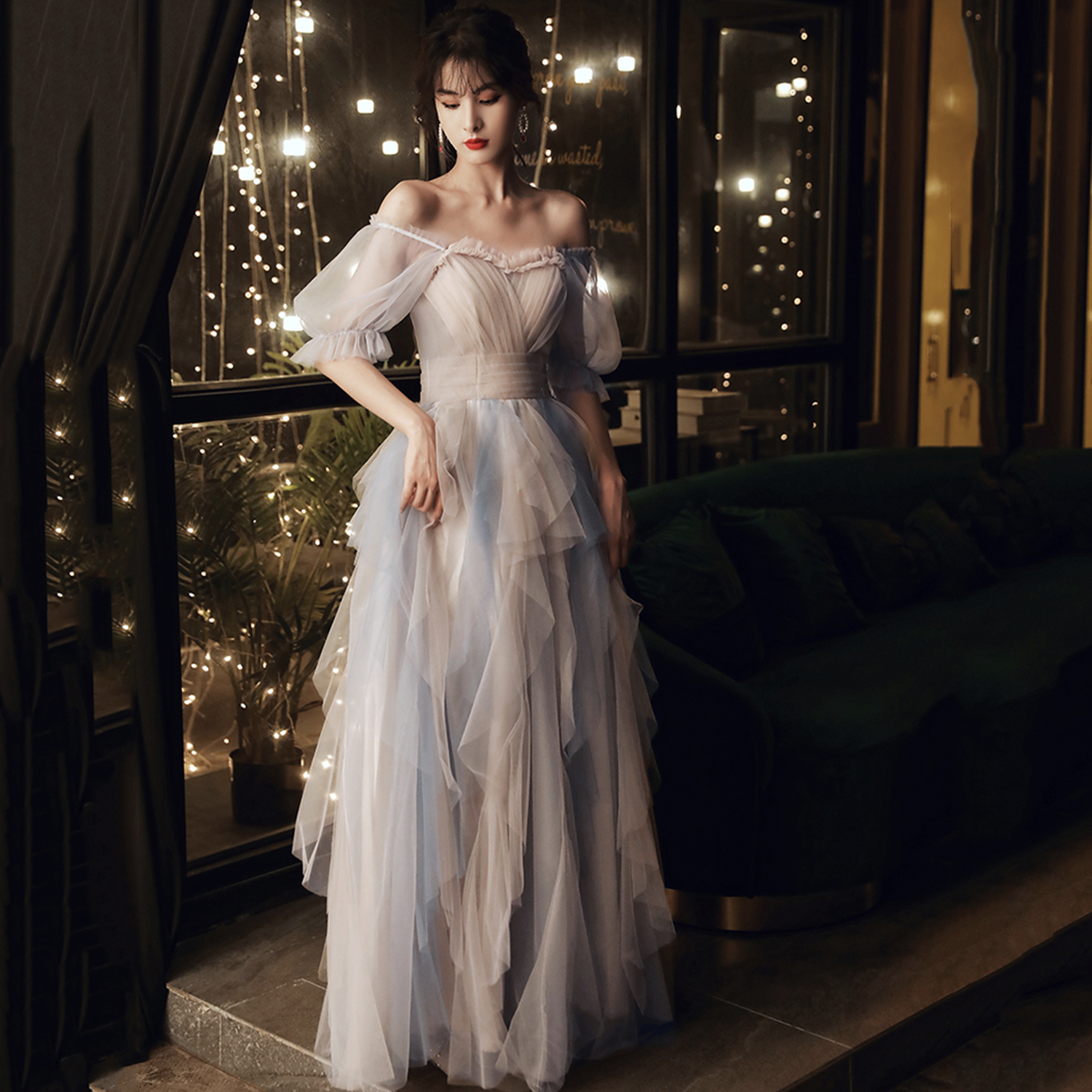 Cute tulle long prom dress A line evening dress