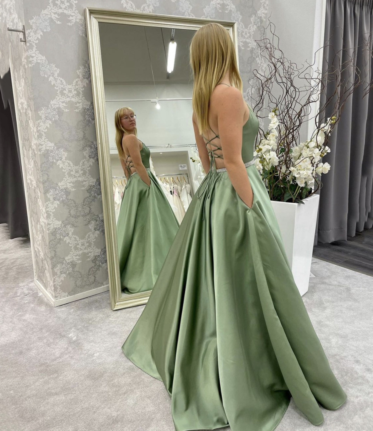Green satin long prom dress A line evening dress