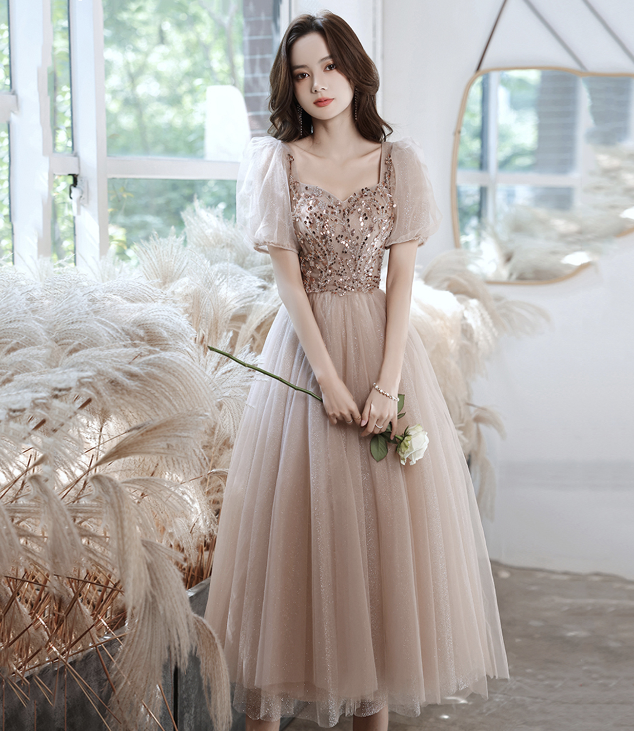 Champagne tulle beads short prom dress homecoming dress