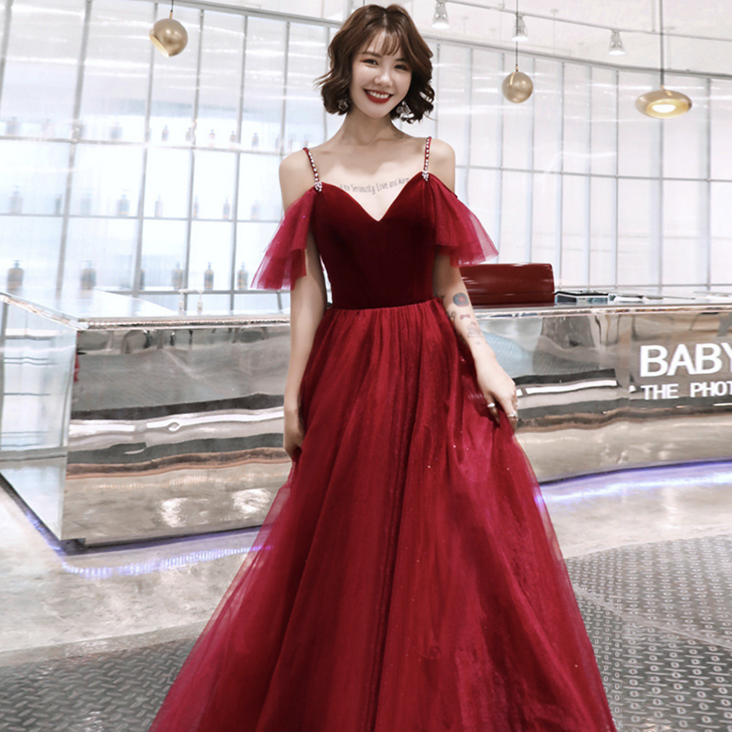 Cute velvet tulle long prom dress evening dress