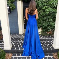 Sweet V Neck Spaghetti Straps Royal Blue Satin Prom Dresses with Split - Thumbnail 1