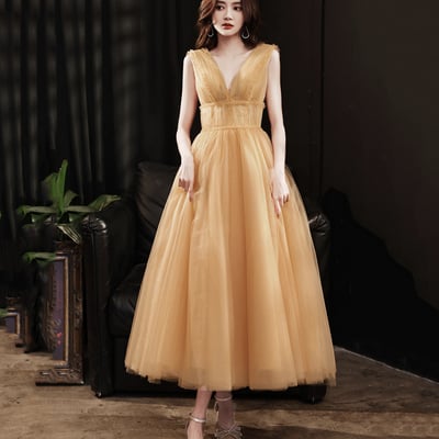Yellow v neck tulle short prom dress homecoming dress - Thumbnail 2