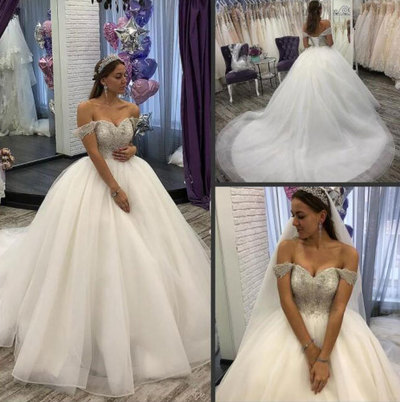 Off the Shoulder Wedding Dresses Bridal Gown with Rhinestones