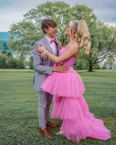 High Low Hot Pink Tiered Prom Dress with Spaghetti Straps,574
