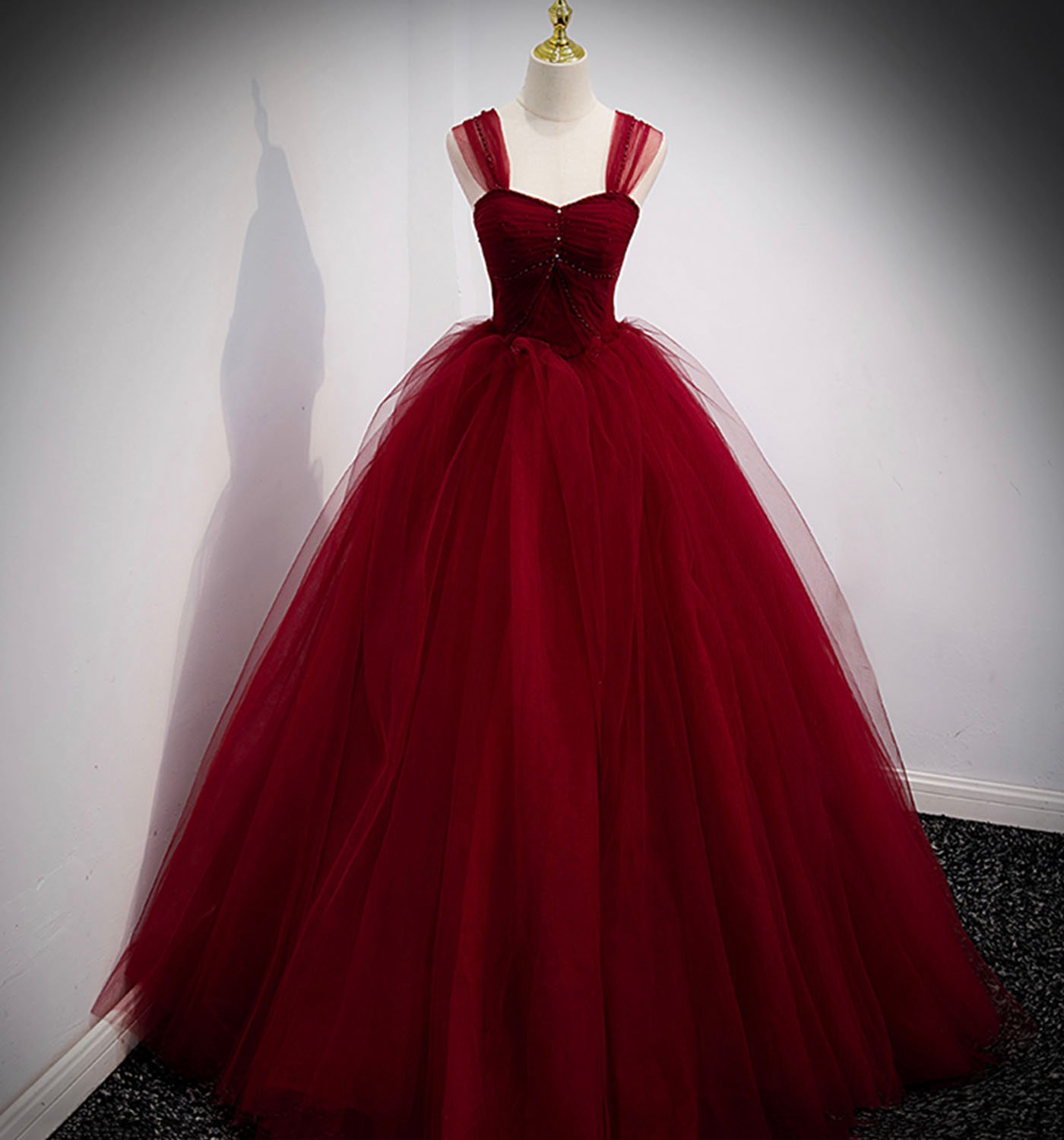Burgundy tulle long ball gown dress evening dress
