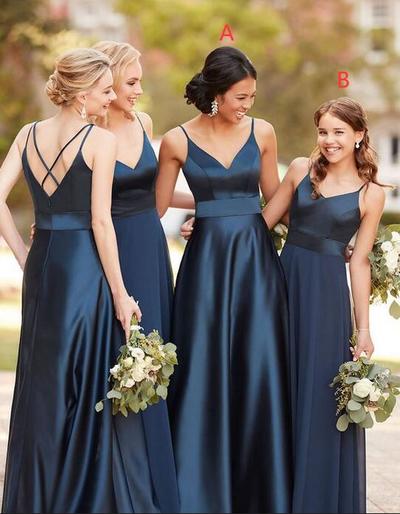 Elegant V Neck Navy Blue Satin Bridresmaid dresses