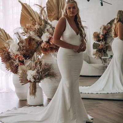 Simple mermaid v neck open back white soft satin wedding dresses - Thumbnail 1