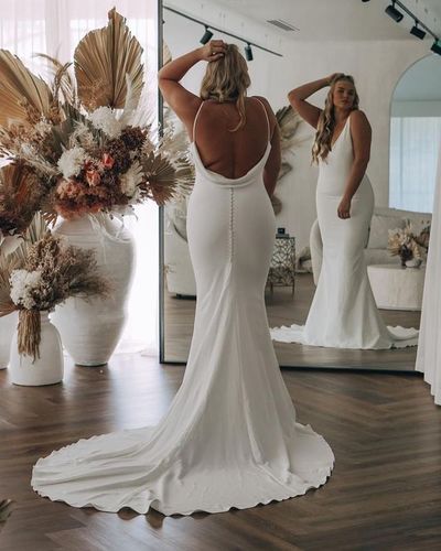 Simple Mermaid V Neck Open Back White Soft Satin Wedding Dresses