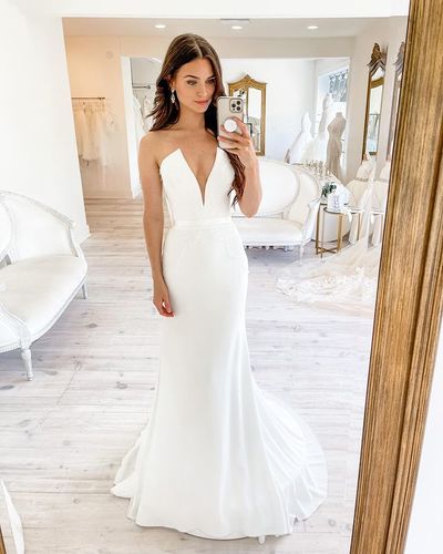 Elegant Deep V Neck Mermaid Satin Wedding Dresses