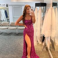 Sexy Mermaid Fuchsia Sequins Prom Dresses with Split, Straps Party Dresses - Thumbnail 1