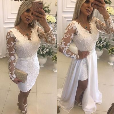 Chic White Beading Prom Dresses with Detachable Skirt | Sheer Long Sleeves Evening Gowns,1147