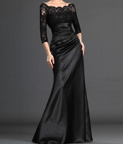 A-Line Off-the-shoulder 3 4 Sleeves Elastic Woven Satin Dress,1148