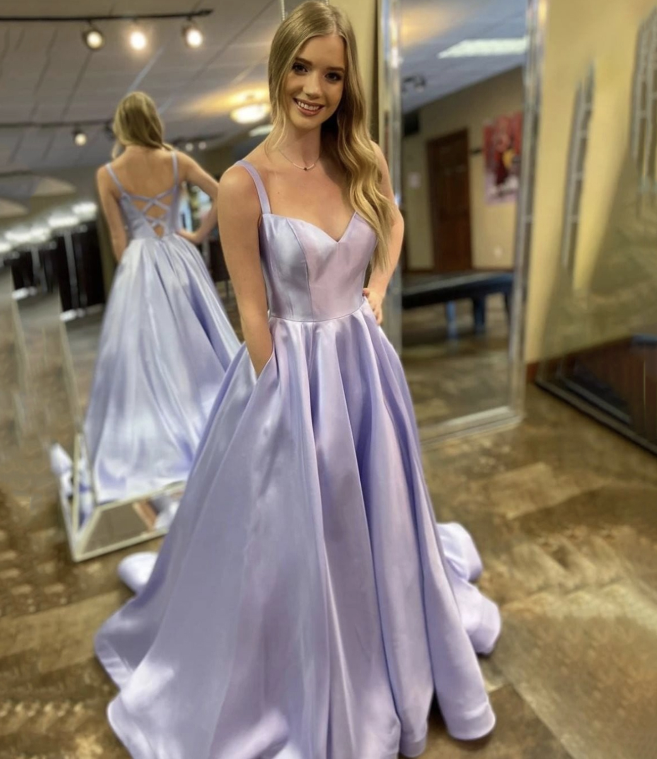 Purple satin long prom dress A line evening dress