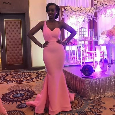 SP1671,Pink One Shoulder Sleeveless Mermaid Evening Dress