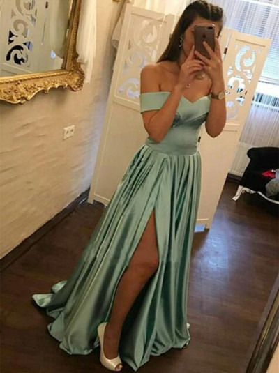 SP1672,Off the shoulder satin prom dresses evening gown long
