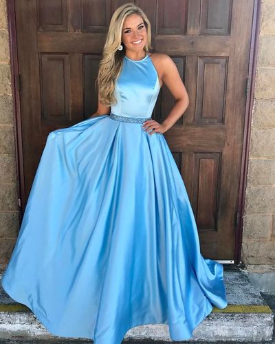 SP1673,A-line Long Prom Dresses Ice Blue Simple Evening Dress With Beading