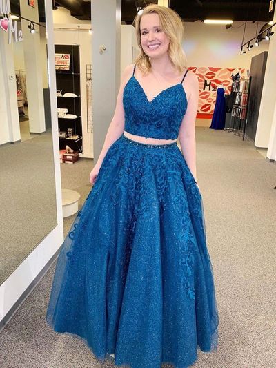SP1674,Blue Two Pieces Long Prom Dresses Applique Beaded Evening Party Gown