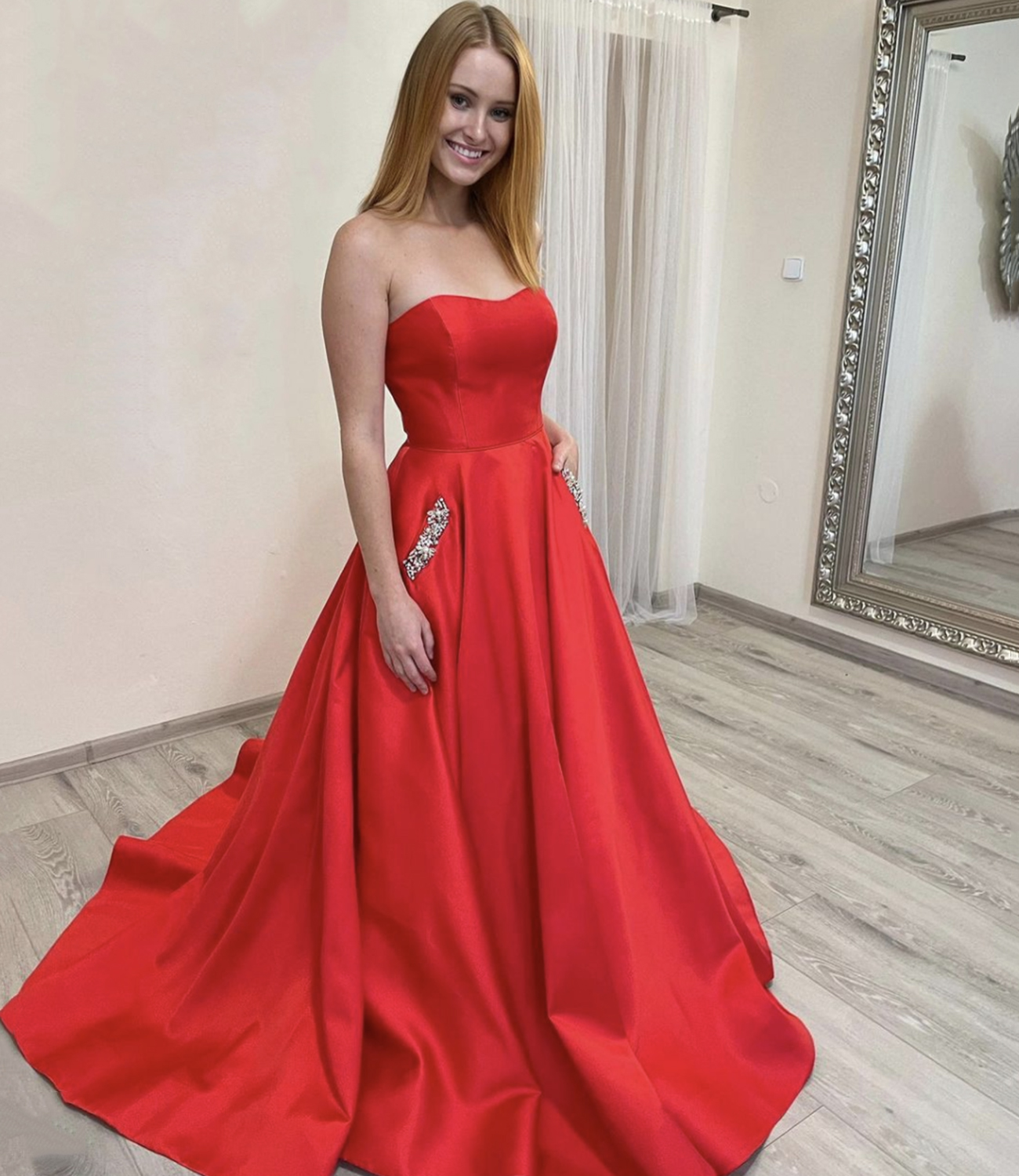 Red satin long A line prom dress evening dress