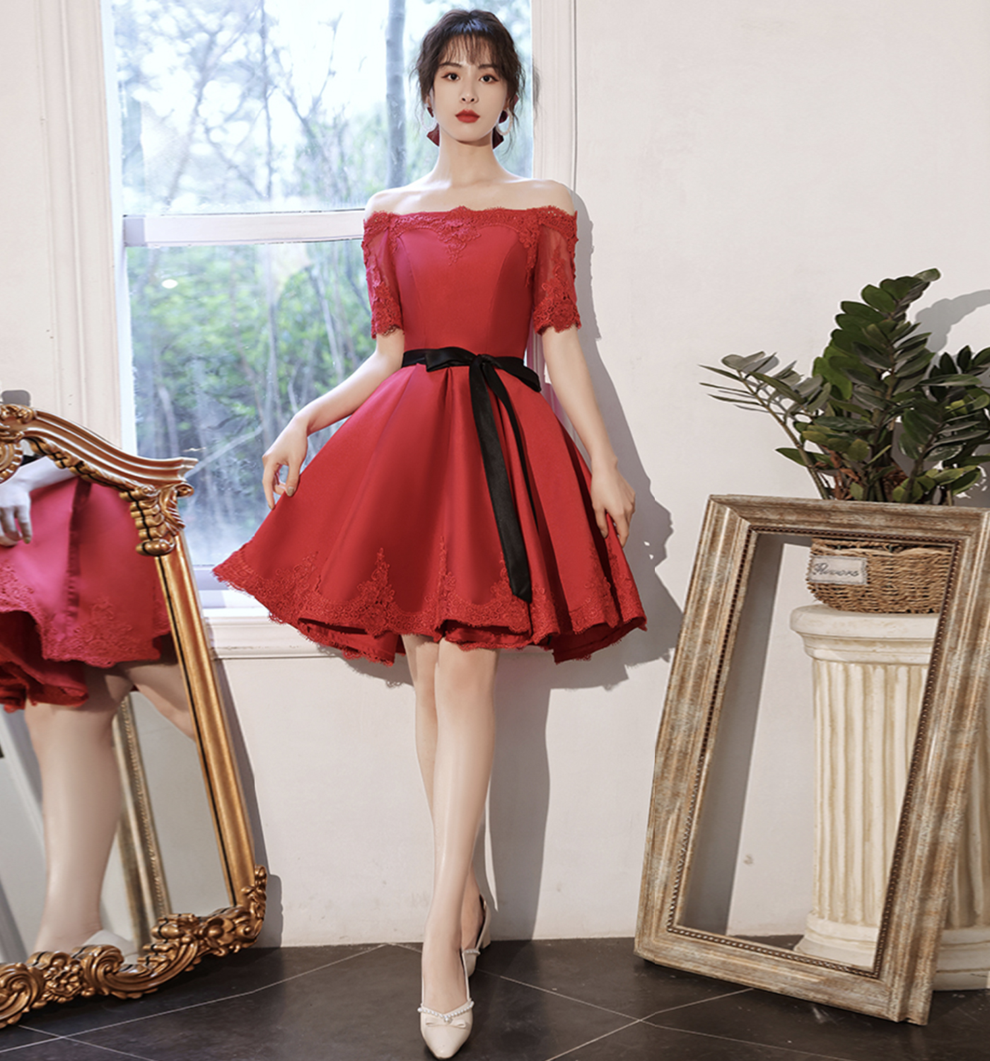 Red satin lace short prom dress red homecoming dress