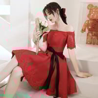 Red satin lace short prom dress red homecoming dress - Thumbnail 1