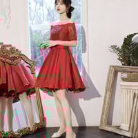 Red satin lace short prom dress red homecoming dress - Thumbnail 3