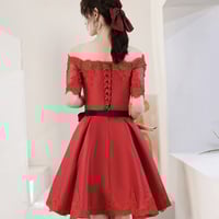 Red satin lace short prom dress red homecoming dress - Thumbnail 5