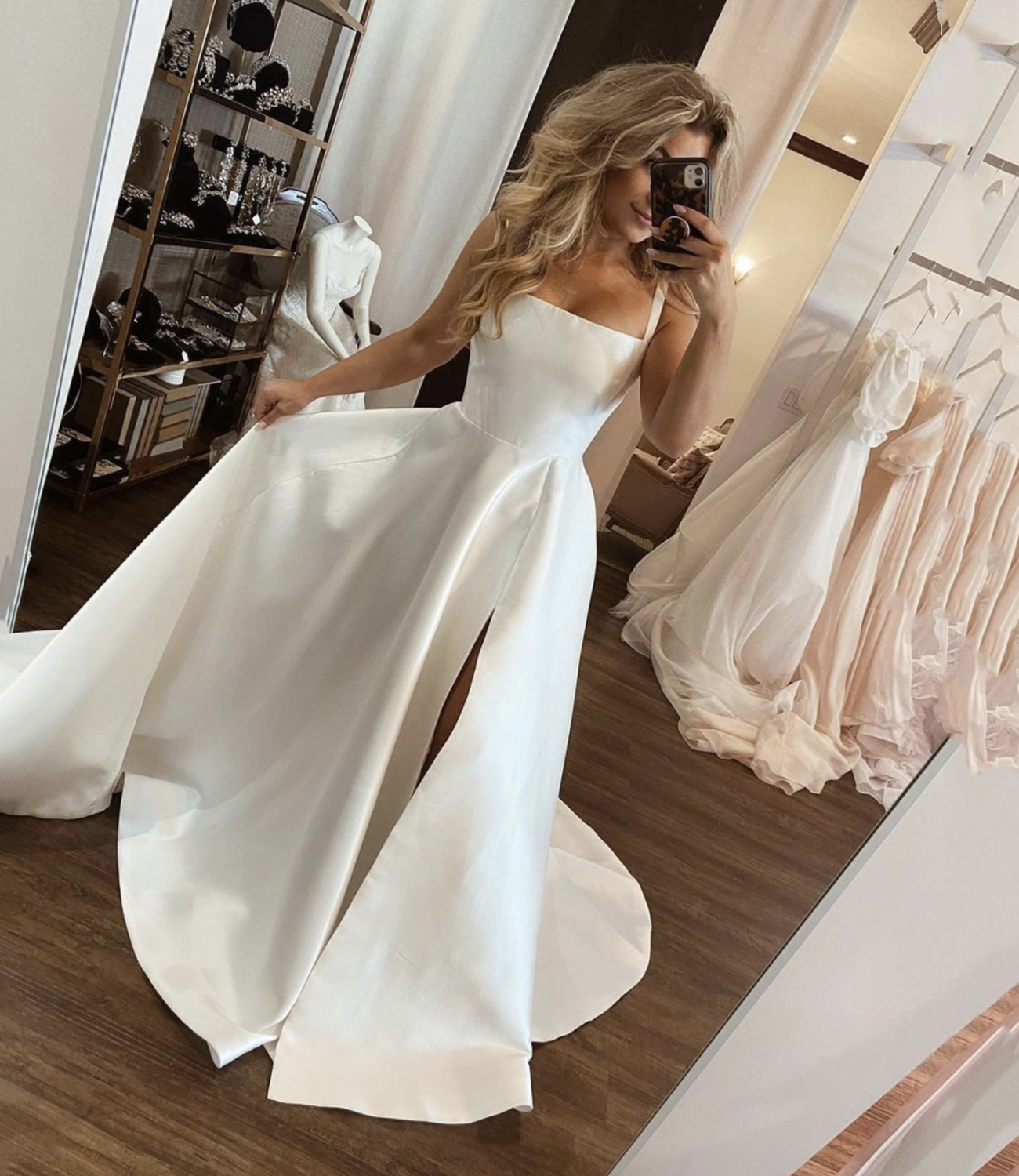 White satin long A line prom dress white evening dress