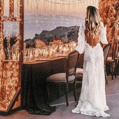 Boho Country Wedding Gowns Sexy V Neck Long Sleeves Sheath Bridal Dress Bohemian Lace Side Slit Backless Wedding Dress,589
