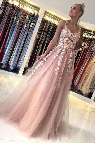 SP1682,Beautiful Spaghetti Straps Tulle Lace Blushing Pink Appliques Prom Dresses