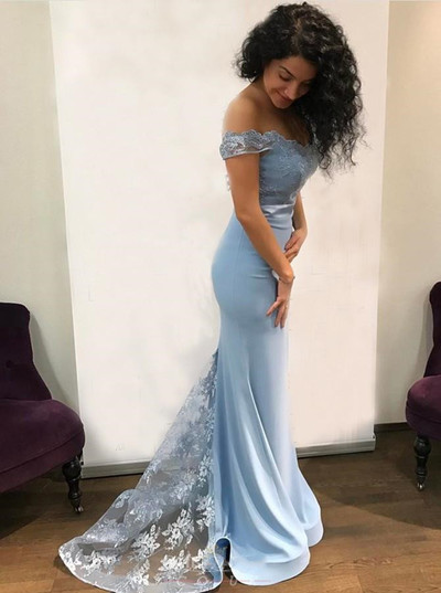 SP1684,Light Blue Off Shoulder Lace Long Prom Dresses Mermaid Bridesmaid Dresses