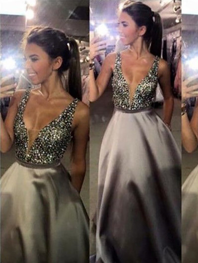 SP1660,Grey Beading A-Line Prom Dresses V Neck Long Evening Dress