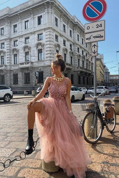SP1664,Pink V neck Beading A line Tulle Formal Party Gown Split Prom Evening Dresses