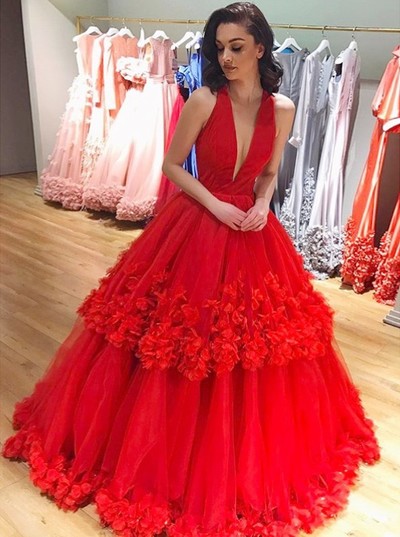 SP1701,Plunging Neckline Red Ball Gown Tulle Handmade Flowers Prom Dresses