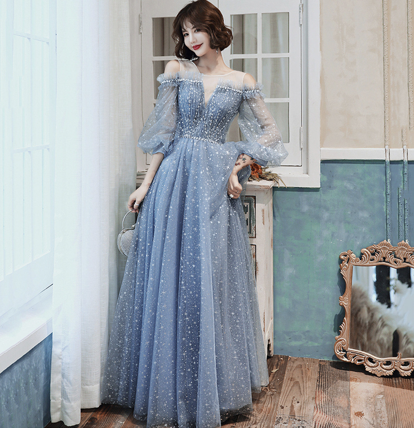 Blue tulle long prom dress A line evening gown