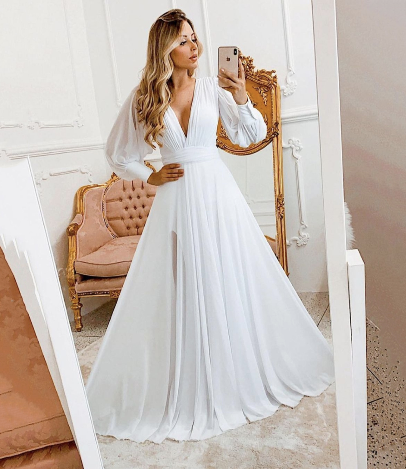 White chiffon long sleeve prom dress evening dress