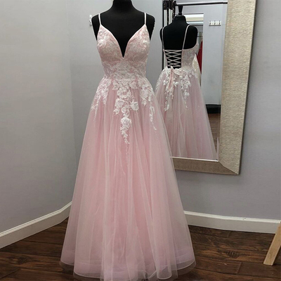 SP1702,Elegant A-line V Neck Tulle Long Prom Dress with Appliques
