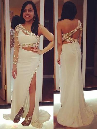 SP1705,Designer Sheath One Shoulder Long Sleeves Sweep Brush Train Long Dress