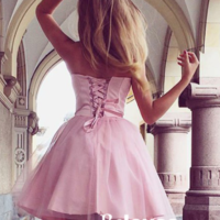 Pink Sweetheart Satin & Tulle Homecoming Dress, Strapless A-line Cocktail Dress With Lace-Up Back,1151 - Thumbnail 1