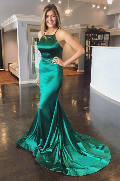 SP1712,Green Spaghetti Straps Backless Satin Mermaid Prom Dress