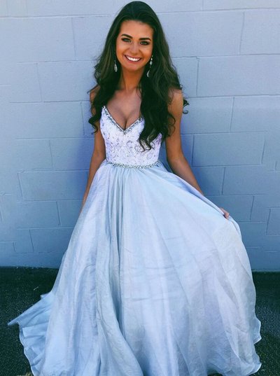 SP1715,A-Line V-neck Beaded Long Prom Dresses Sleeveless Formal Gown